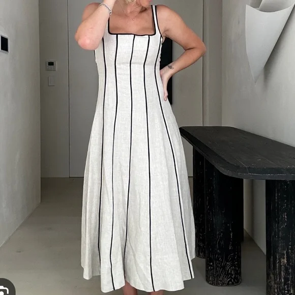 Massimo Dutti Women Linen Blend Two-Tone Strappy Dress in White Black Trim L Nwt - Picture 5 of 8